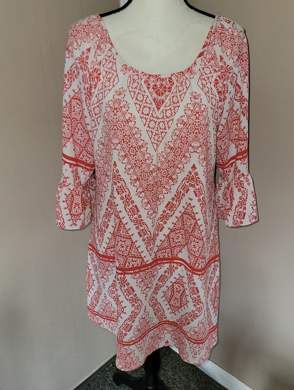 Orange & White Printed Scoop-Neck Tunic Dress